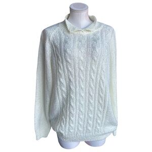 Vintage Cableknit cozy white sweater - pear buttons details - XL